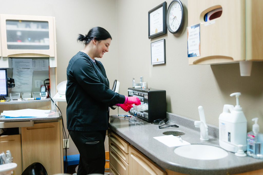 Interior of dental exam room at Town Square Dental Care in Oskaloosa, IA